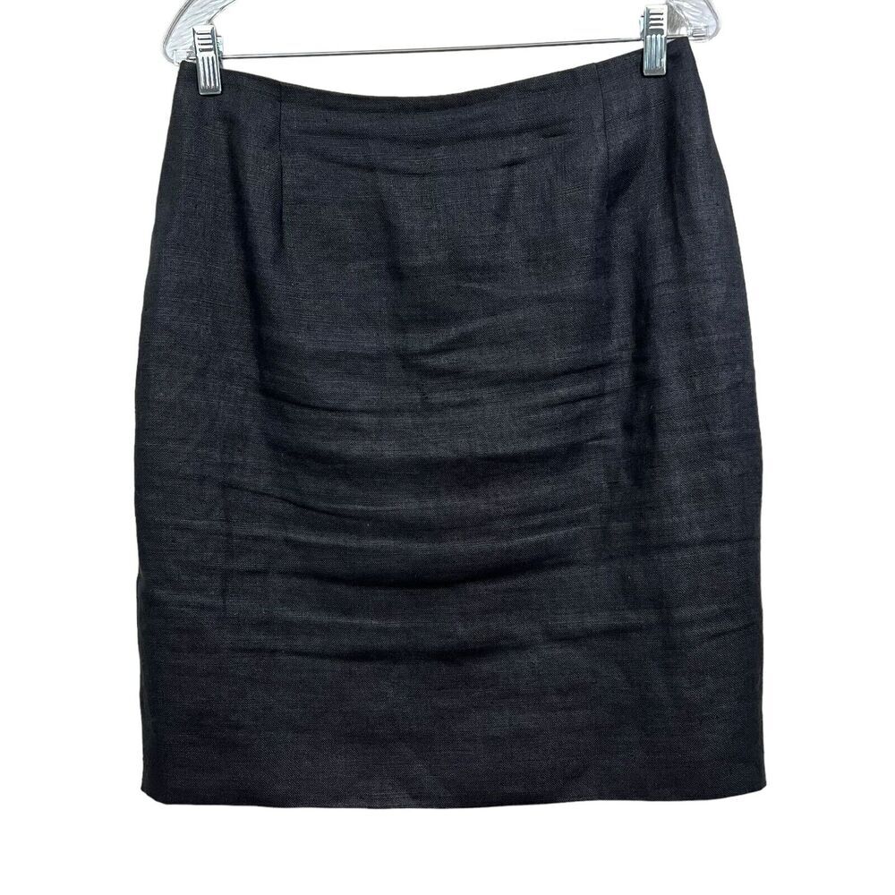 Scaasi Neiman Marcus Womens Linen Skirt Flat Front Lined Vented Zip Black Sz 12*